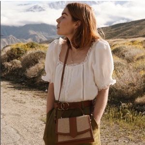 SEZANE Frances Linen Blend Blouse White Lace Puff Sleeve Size 38 / US 6